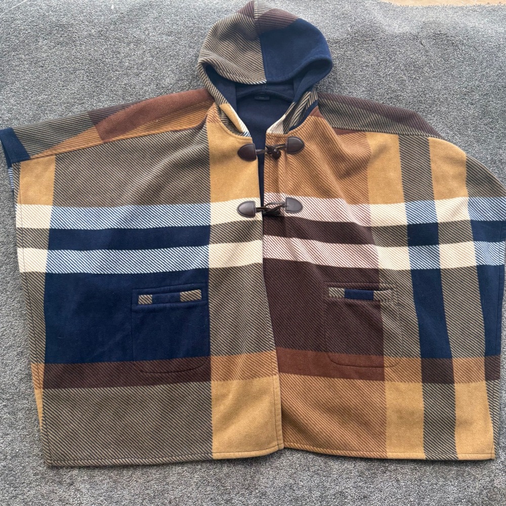 Womens Hooded Plaid Toggle Poncho Navy Blue Tan Brown One Size Fleece Cape